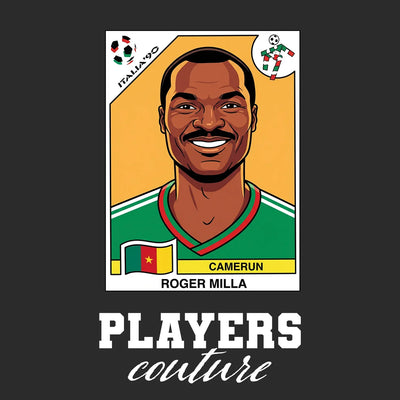 Roger Milla World Cup Sticker Men's T-Shirt – black close-up detail shot of the Roger Milla World Cup Players Couture logo