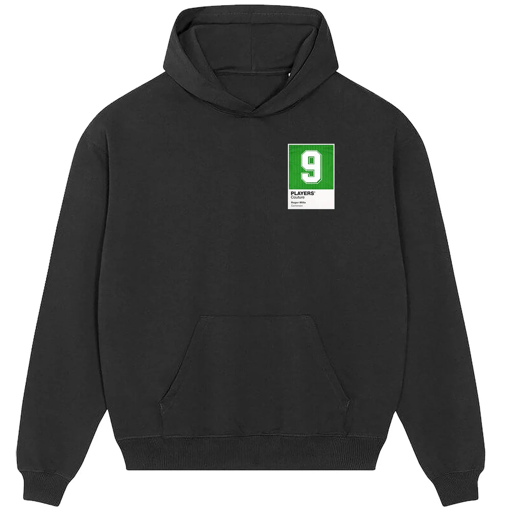 Roger Milla 9 Football hoodie – black men's hoodie featuring the Roger Milla 9 Football Players Couture logo