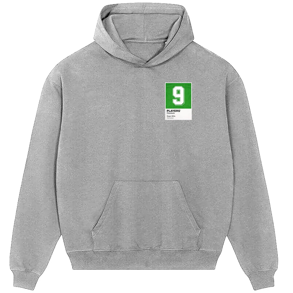 Roger Milla 9 Football hoodie – grey men's hoodie featuring the Roger Milla 9 Football Players Couture logo