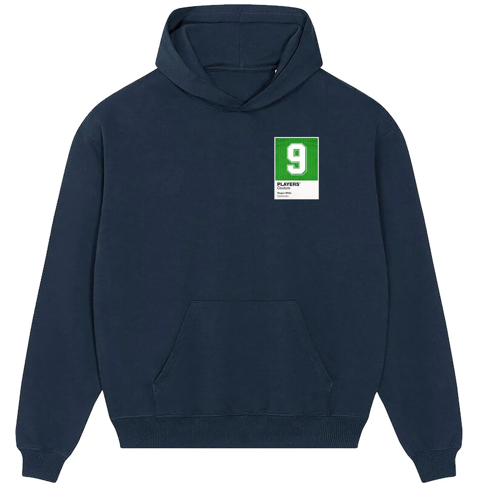 Roger Milla 9 Football hoodie – navy men's hoodie featuring the Roger Milla 9 Football Players Couture logo