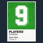 Roger Milla 9 Football Shirt Frame Men's Hoodie – navy close-up detail shot of the Roger Milla Players Couture logo design