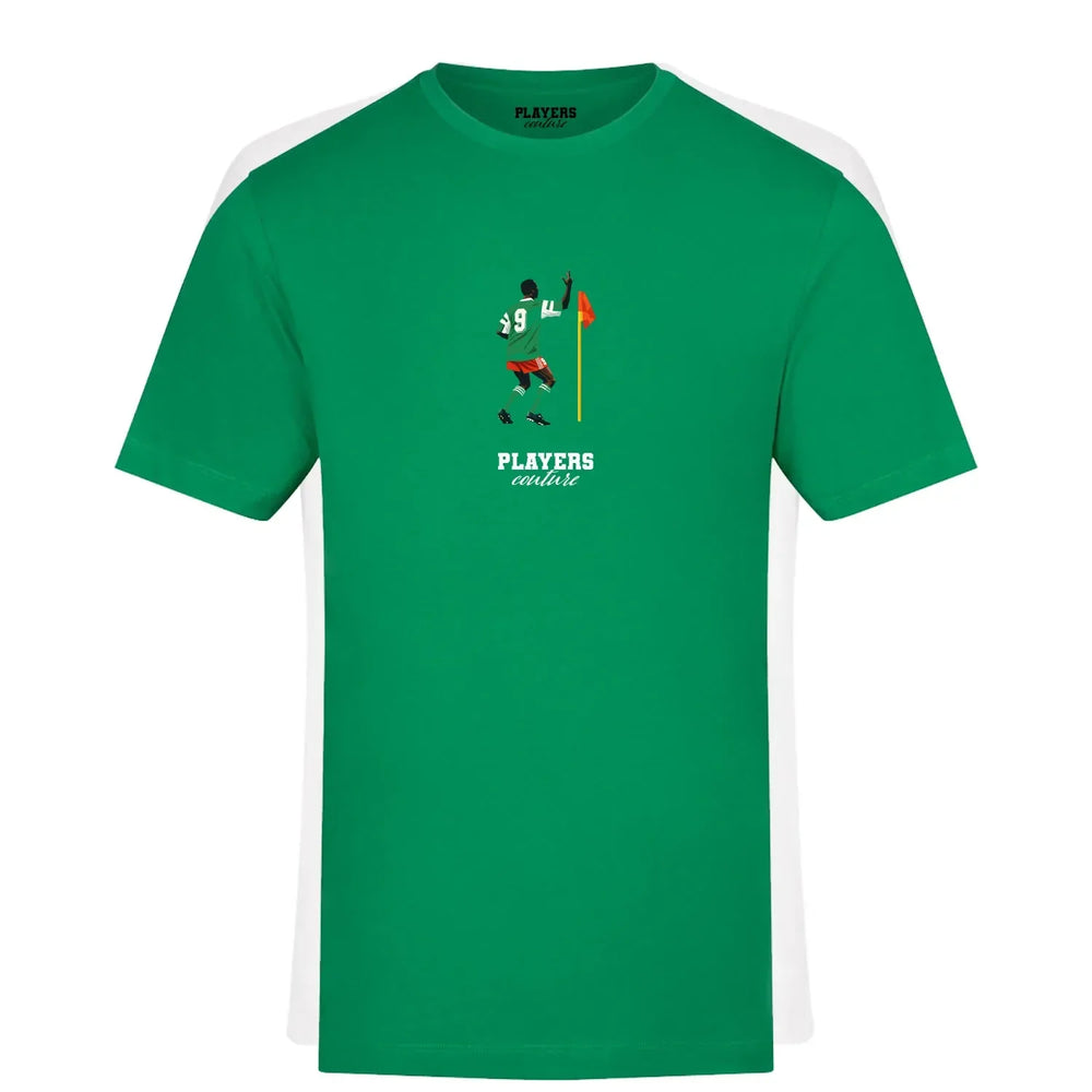 Roger Milla Icon t-shirt – green men's t-shirt with white Roger Milla Icon letters and Players Couture logo on the chest