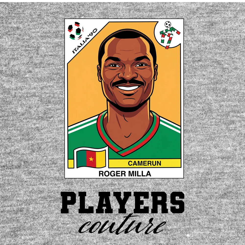 Roger Milla World Cup Sticker Men's T-Shirt – grey close-up detail shot of the Roger Milla World Cup Players Couture logo