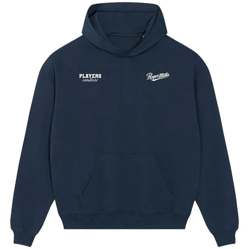 Roger Milla hoodie – navy men's hoodie featuring the Roger Milla Players Couture logo