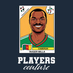 Roger Milla World Cup Sticker Men's T-Shirt – navy close-up detail shot of the Roger Milla World Cup Players Couture logo