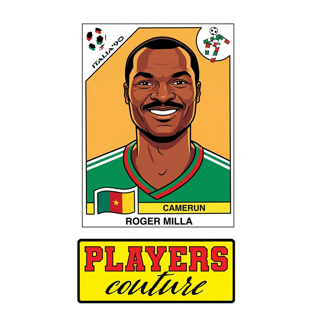 Roger Milla World Cup Sticker Men's T-Shirt – close-up detail shot of the Roger Milla World Cup Players Couture logo design