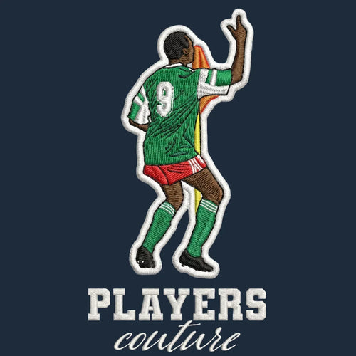 Roger Milla Badge Men's Hoodie – navy close-up detail shot of the Roger Milla Players Couture logo design