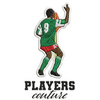 Roger Milla Badge Men's Hoodie – white close-up detail shot of the Roger Milla Players Couture logo design