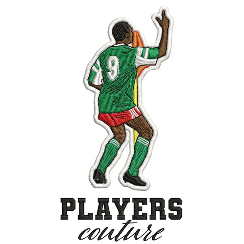 Roger Milla Badge Men's Hoodie – white close-up detail shot of the Roger Milla Players Couture logo design