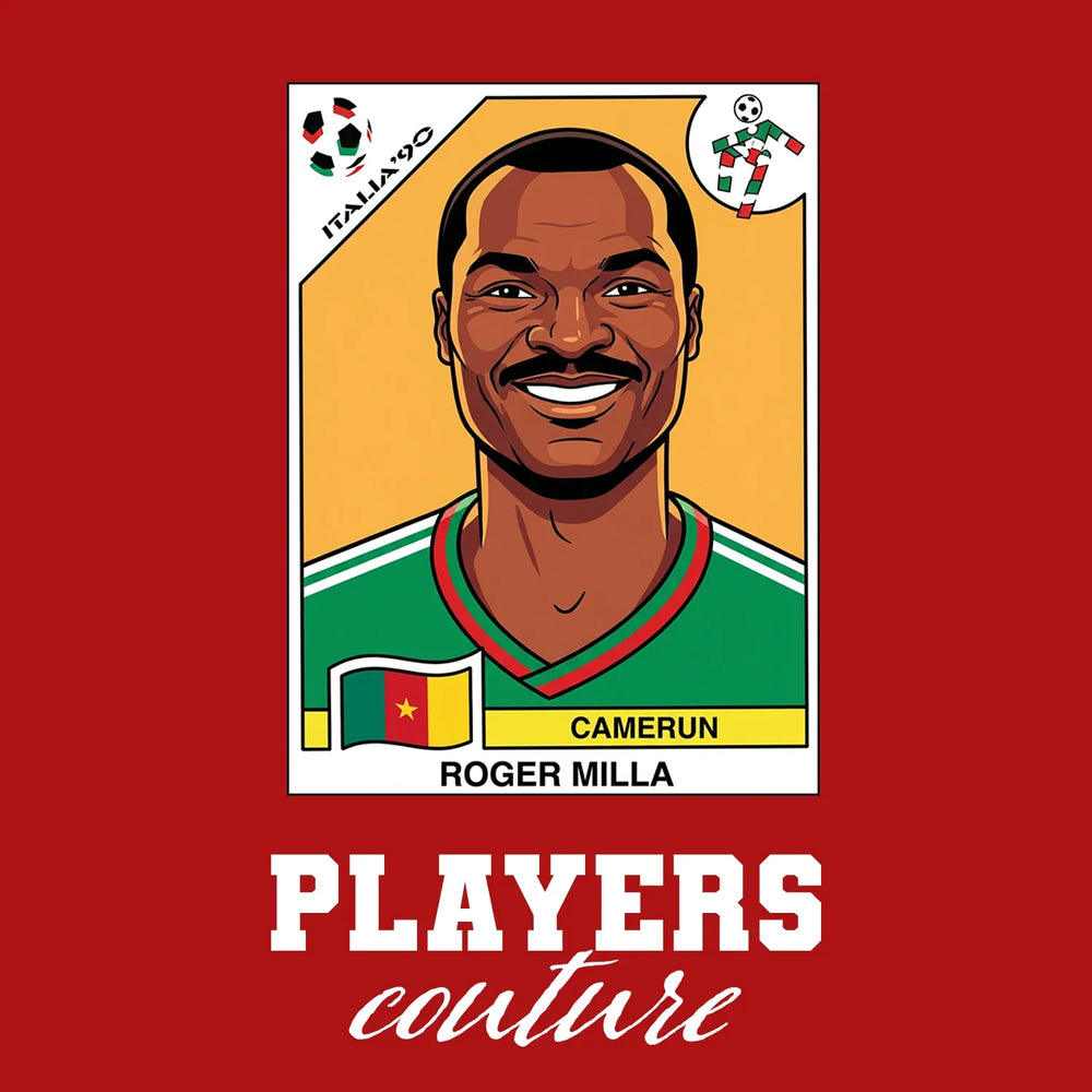 Roger Milla World Cup Sticker Men's T-Shirt – red close-up detail shot of the Roger Milla World Cup Players Couture logo