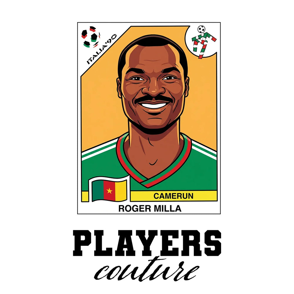 Roger Milla World Cup Sticker Men's T-Shirt – close-up detail shot of the Roger Milla Players Couture logo design