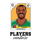 Roger Milla World Cup Sticker Men's T-Shirt – close-up detail shot of the Roger Milla Players Couture logo design