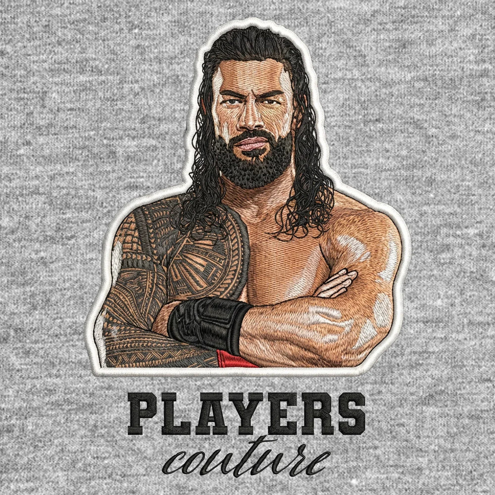 Roman Reigns Badge Men's Hoodie – black close-up detail shot of the Roman Reigns Players Couture logo design