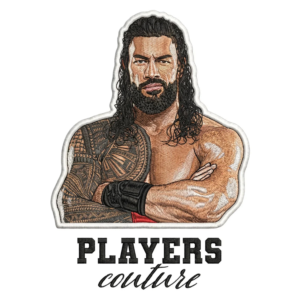 Roman Reigns Badge Men's Hoodie – black close-up detail shot of the Roman Reigns Players Couture logo design