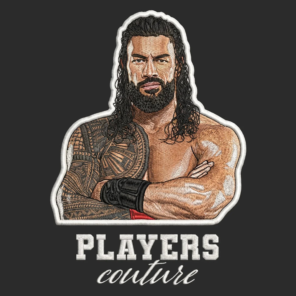 Roman Reigns Badge Men's Hoodie – white close-up detail shot of the Roman Reigns Players Couture logo design