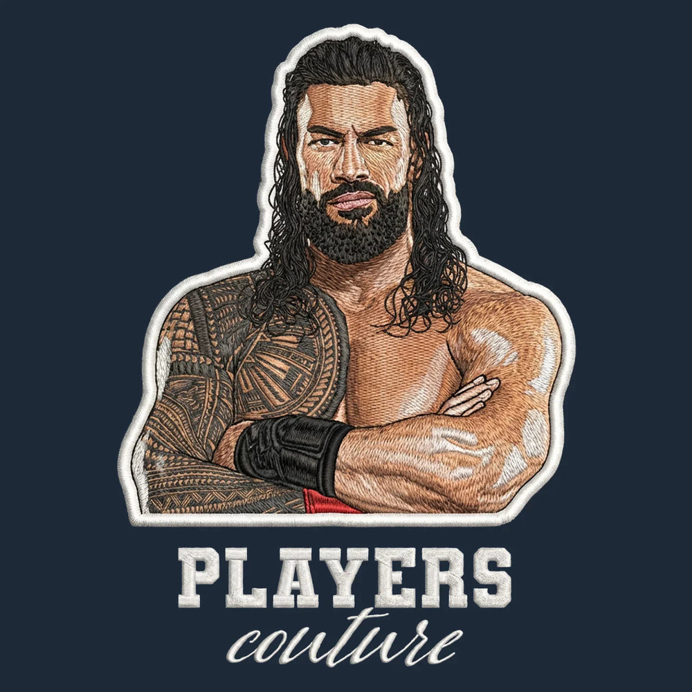Roman Reigns Badge Men's Hoodie – white close-up detail shot of the Roman Reigns Players Couture logo design