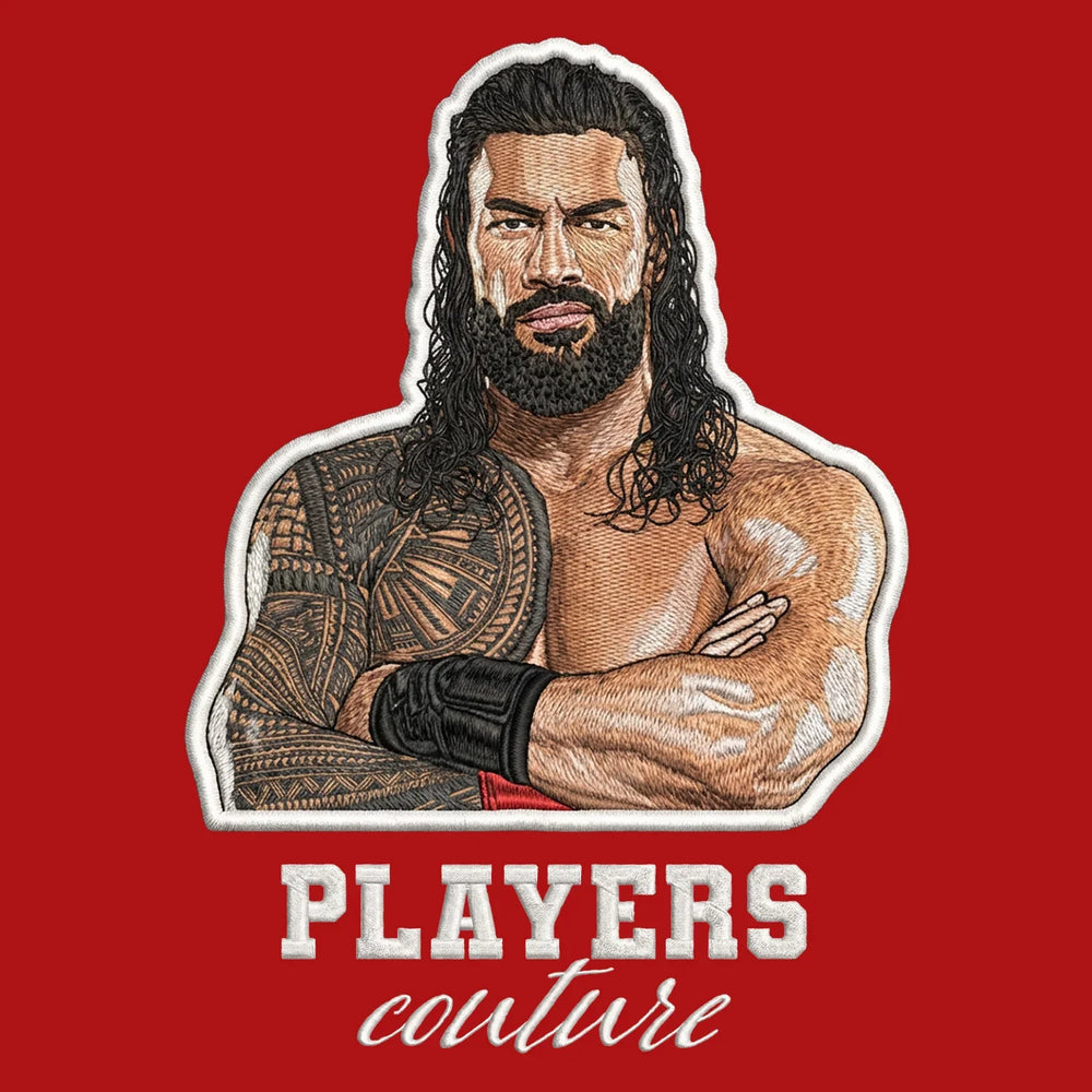 Roman Reigns Badge Men's Hoodie – white close-up detail shot of the Roman Reigns Players Couture logo design
