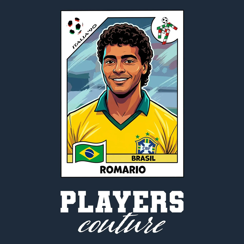Romario World Cup Sticker Men's T-Shirt – close-up detail shot of the Romario World Cup Players Couture logo design