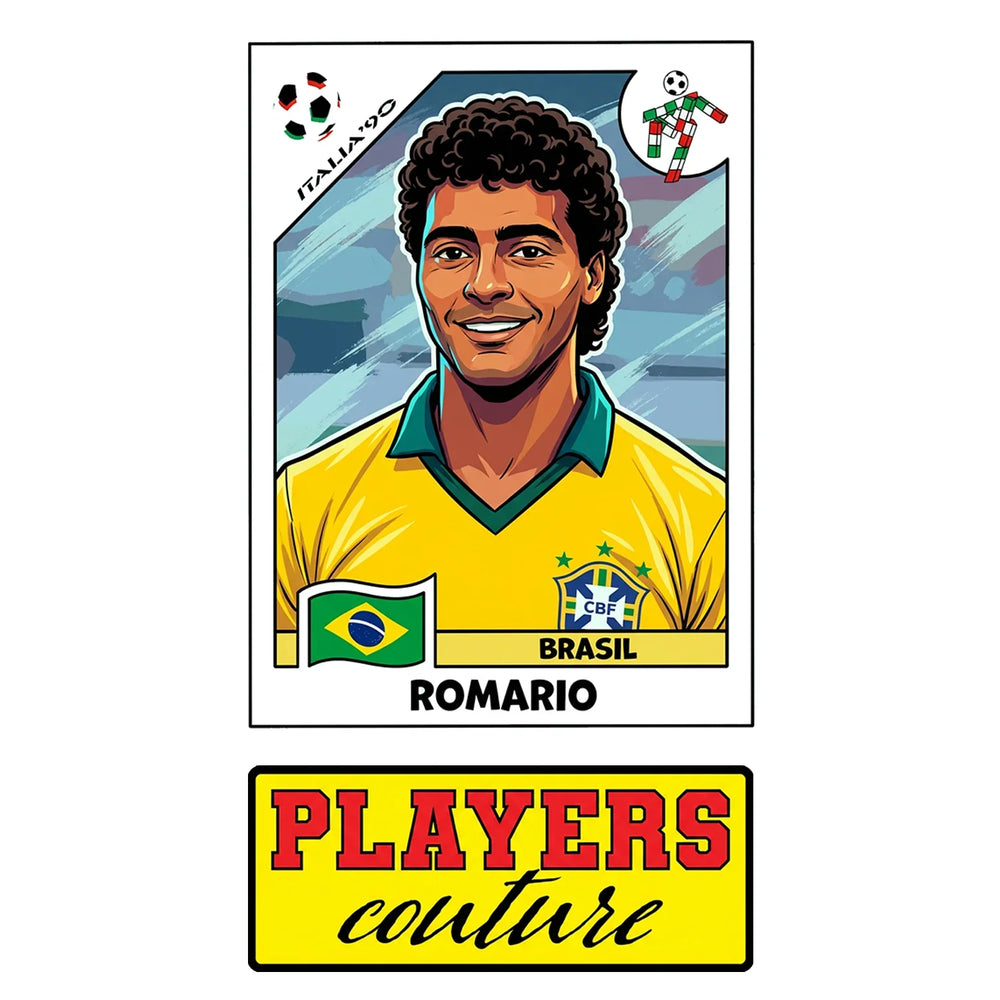 Romario World Cup Sticker Men's T-Shirt – close-up detail shot of the Romario World Cup Players Couture logo design