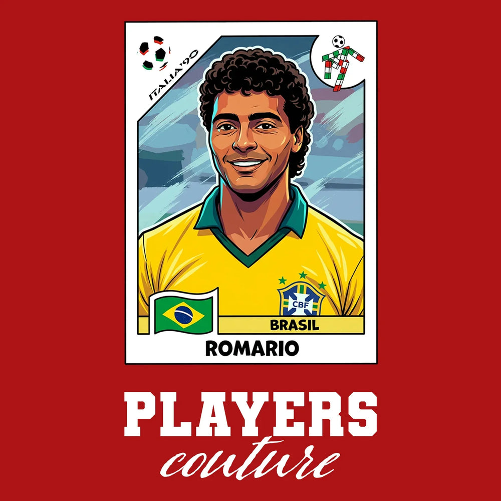 Romario World Cup Sticker Men's T-Shirt – close-up detail shot of the Romario World Cup Players Couture logo design