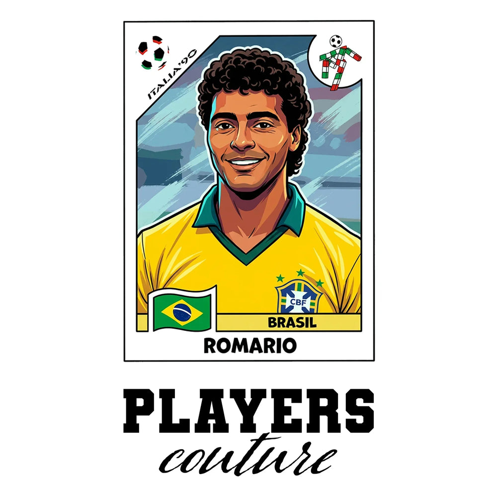 Romario World Cup Sticker Men's T-Shirt – close-up detail shot of the Romario Players Couture logo design