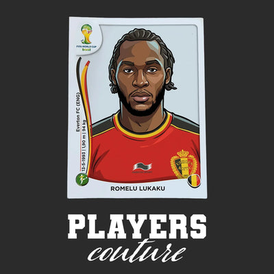 Romelu Lukaku World Cup Sticker Men's T-Shirt – close-up detail shot of the Romelu Lukaku World Cup Players Couture logo