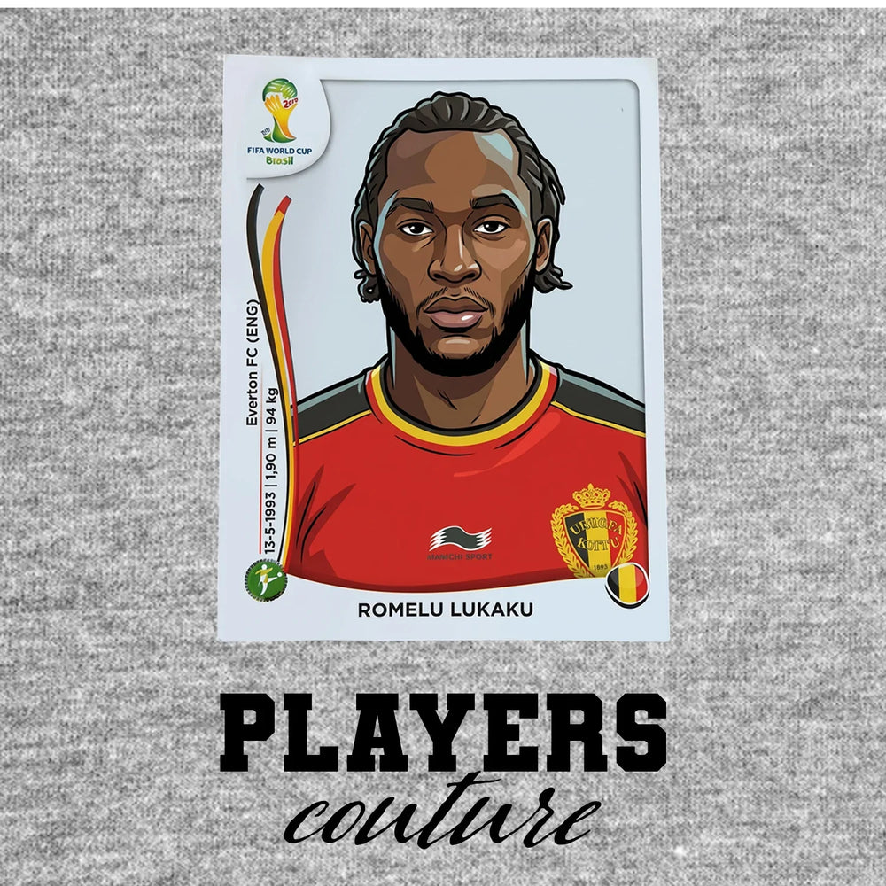 Romelu Lukaku World Cup Sticker Men's T-Shirt – close-up detail shot of the Romelu Lukaku World Cup Players Couture logo