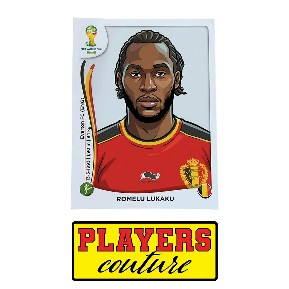 Romelu Lukaku World Cup Sticker Men's T-Shirt – close-up detail shot of the Romelu Lukaku World Cup Players Couture logo
