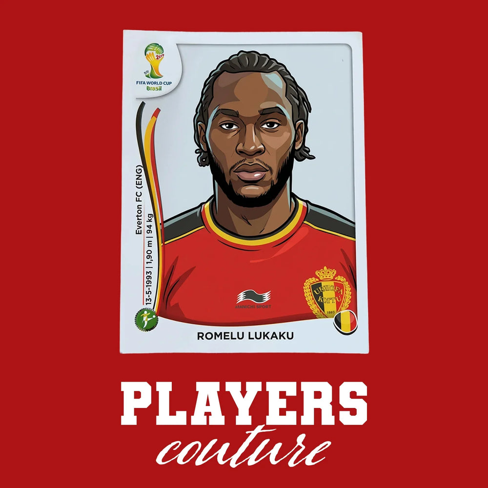 Romelu Lukaku World Cup Sticker Men's T-Shirt – close-up detail shot of the Romelu Lukaku World Cup Players Couture logo