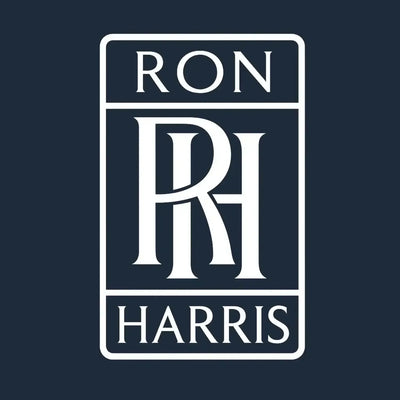 Ron Harris Logo Men's Hoodie – navy close-up detail shot of the Ron Harris Players Couture logo design