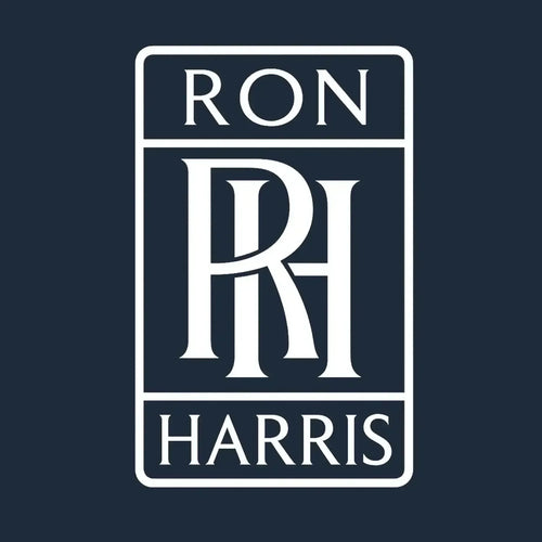 Ron Harris Logo Men's Hoodie – navy close-up detail shot of the Ron Harris Players Couture logo design