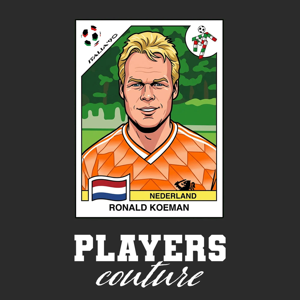 Ronald Koeman World Cup Sticker Men's T-Shirt – close-up detail shot of the Ronald Koeman World Cup Players Couture logo