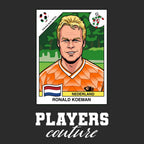 Ronald Koeman World Cup Sticker Men's T-Shirt – close-up detail shot of the Ronald Koeman World Cup Players Couture logo