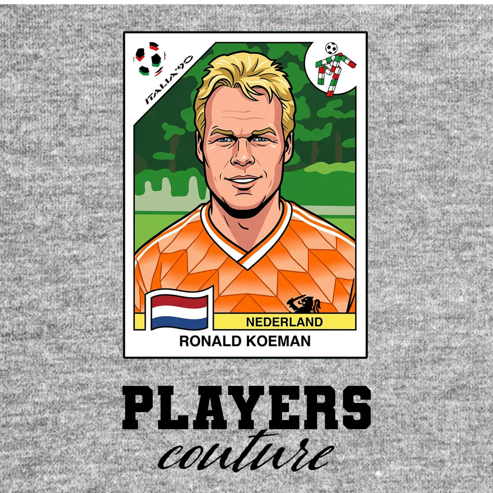 Ronald Koeman World Cup Sticker Men's T-Shirt – close-up detail shot of the Ronald Koeman World Cup Players Couture logo