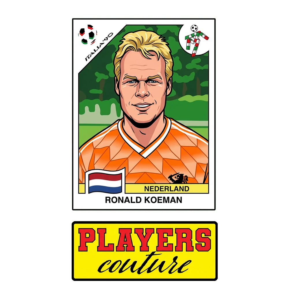 Ronald Koeman World Cup Sticker Men's T-Shirt – close-up detail shot of the Ronald Koeman World Cup Players Couture logo