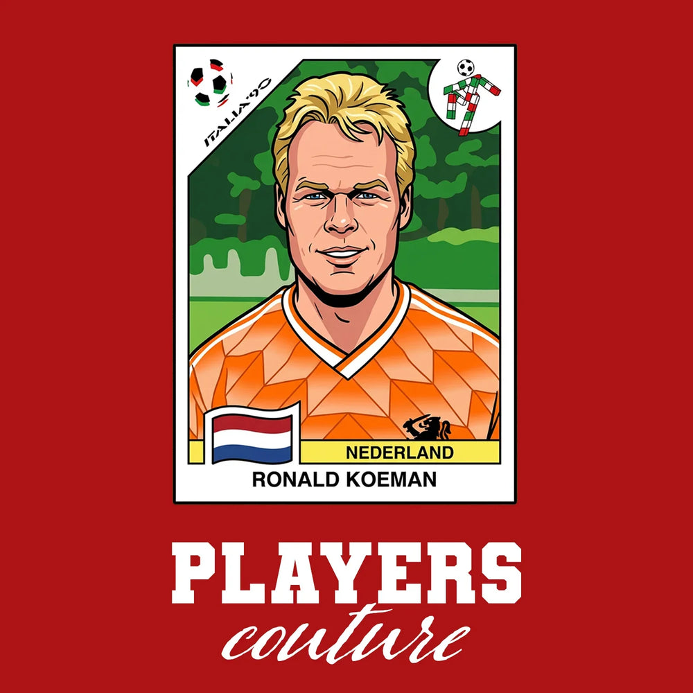 Ronald Koeman World Cup Sticker Men's T-Shirt – close-up detail shot of the Ronald Koeman World Cup Players Couture logo