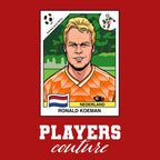 Ronald Koeman World Cup Sticker Men's T-Shirt – close-up detail shot of the Ronald Koeman World Cup Players Couture logo