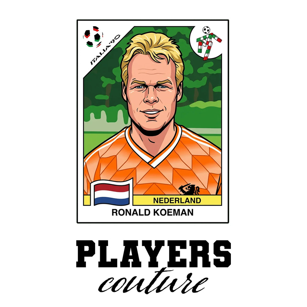Ronald Koeman World Cup Sticker Men's T-Shirt – close-up detail shot of the Ronald Koeman Players Couture logo design