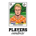 Ronald Koeman World Cup Sticker Men's T-Shirt – close-up detail shot of the Ronald Koeman Players Couture logo design