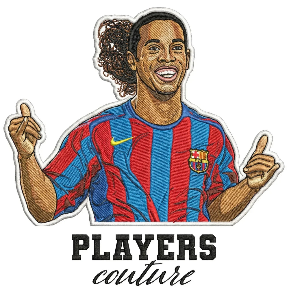 Ronaldinho Badge Men's Hoodie – close-up detail shot of the Ronaldinho Players Couture logo design