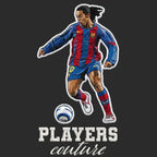 Ronaldinho Barcelona Badge Men's Hoodie – black close-up detail shot of the Ronaldinho Barcelona Players Couture logo design