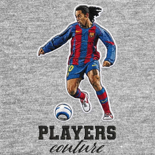Ronaldinho Barcelona Badge Men's Hoodie – grey close-up detail shot of the Ronaldinho Players Couture logo design