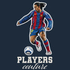 Ronaldinho Barcelona Badge Men's Hoodie – navy close-up detail shot of the Ronaldinho Barcelona Players Couture logo design