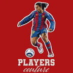 Ronaldinho Barcelona Badge Men's Hoodie – red close-up detail shot of the Ronaldinho Barcelona Players Couture logo design