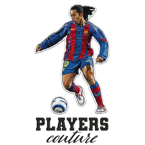 Ronaldinho Barcelona Badge Men's Hoodie – white close-up detail shot of the Ronaldinho Barcelona Players Couture logo design