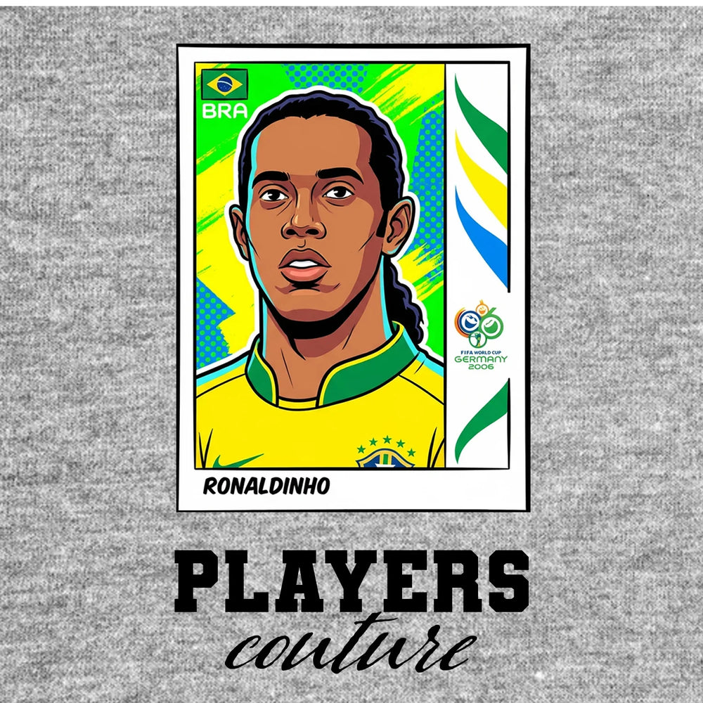 Ronaldinho World Cup Sticker Men's T-Shirt – grey close-up detail shot of the Ronaldinho World Cup Players Couture logo