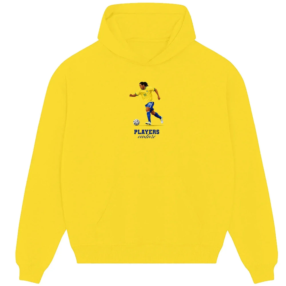 Ronaldinho hoodie – yellow men's hoodie with black Ronaldinho letters and Players Couture logo on the chest