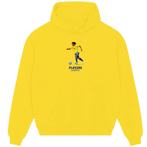 Ronaldinho hoodie – yellow men's hoodie with black Ronaldinho letters and Players Couture logo on the chest