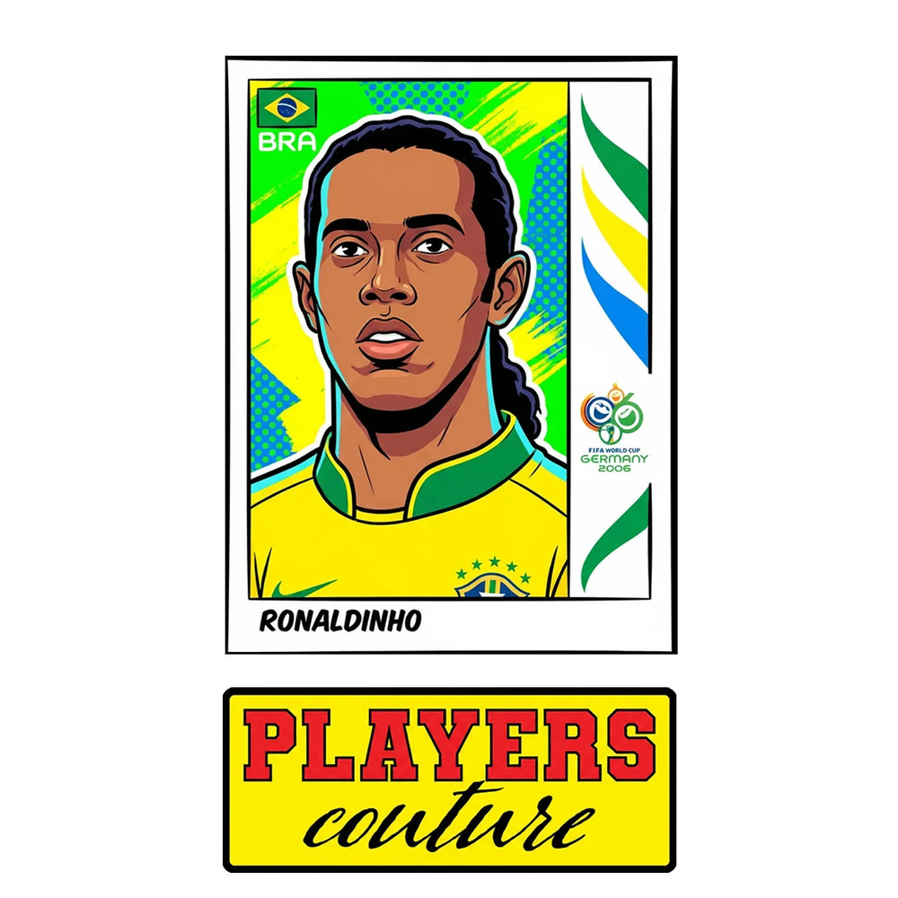 Ronaldinho World Cup Sticker Men's T-Shirt – close-up detail shot of the Ronaldinho World Cup Players Couture logo design