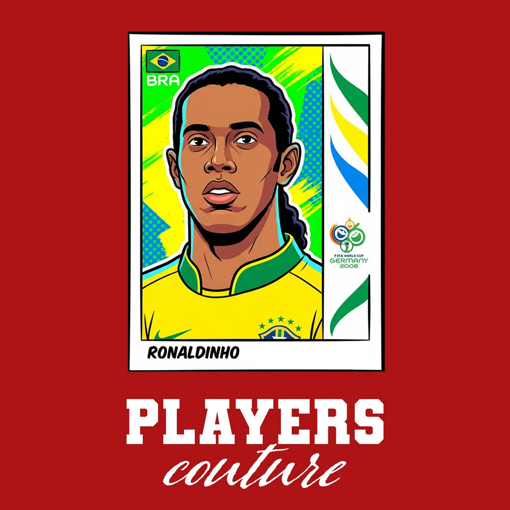 Ronaldinho World Cup Sticker Men's T-Shirt – red close-up detail shot of the Ronaldinho World Cup Players Couture logo design